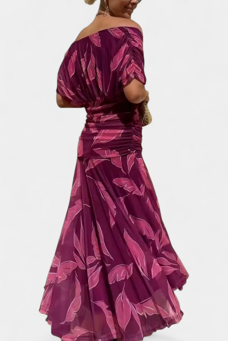 Dames Maxi Jurk met Off-shoulder V-hals en Geplooide Taille