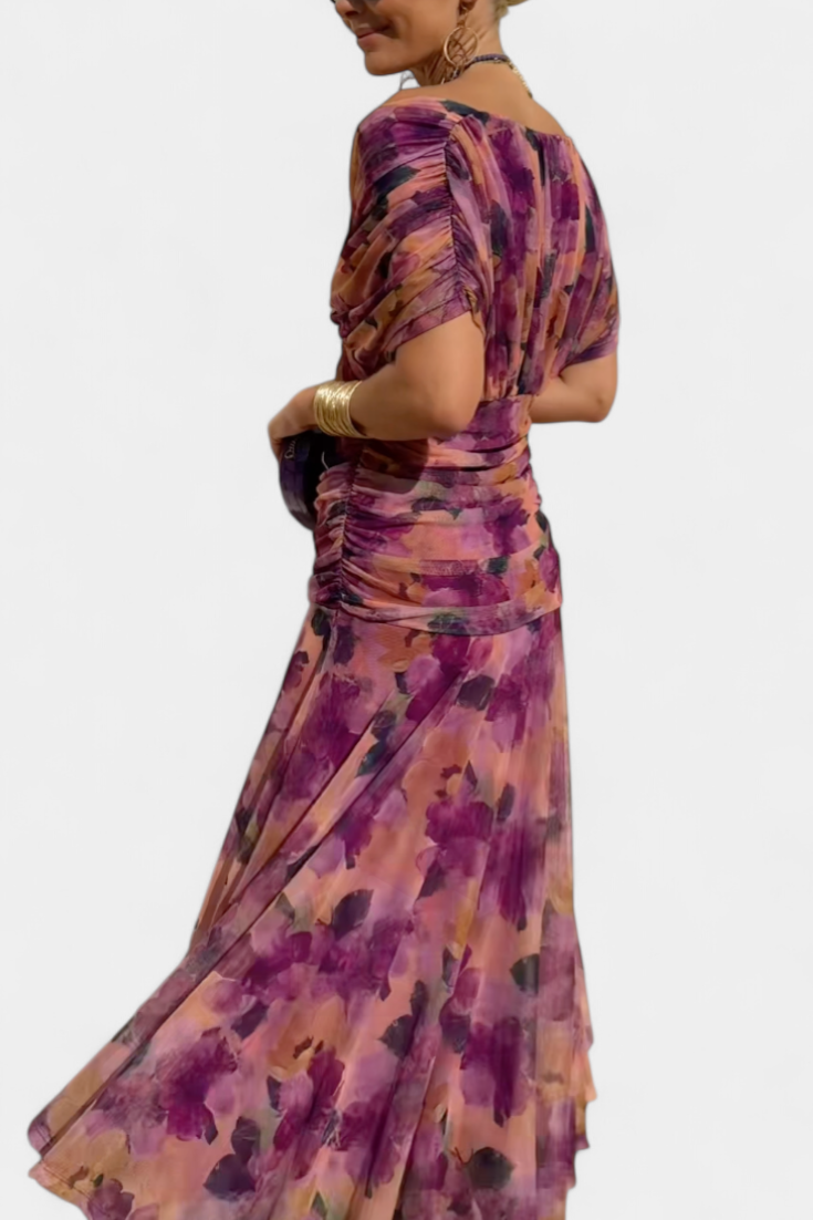 Dames Maxi Jurk met Off-shoulder V-hals en Geplooide Taille