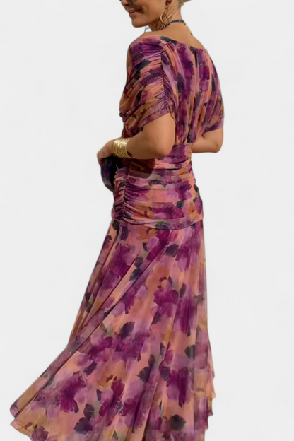 Dames Maxi Jurk met Off-shoulder V-hals en Geplooide Taille