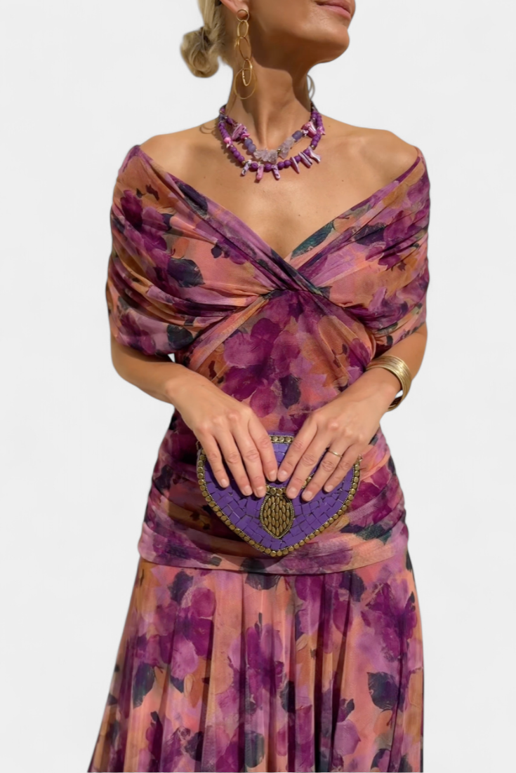 Dames Maxi Jurk met Off-shoulder V-hals en Geplooide Taille