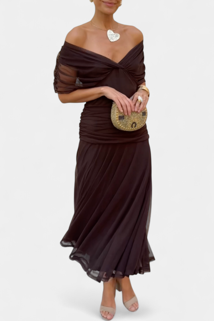 Dames Maxi Jurk met Off-shoulder V-hals en Geplooide Taille