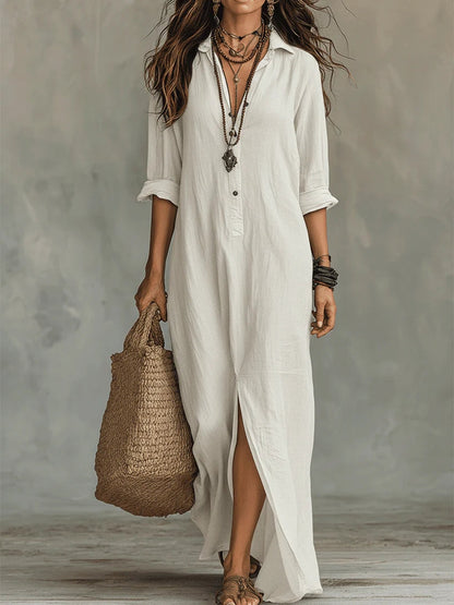 Dames Maxi Jurk met Overhemdkraag en Knoopsluiting, Lange Mouw en Zijsplit Wit
