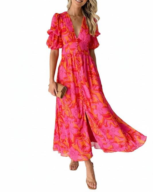Dames Maxi Jurk met Tropische Print, V-hals en Pofmouwen