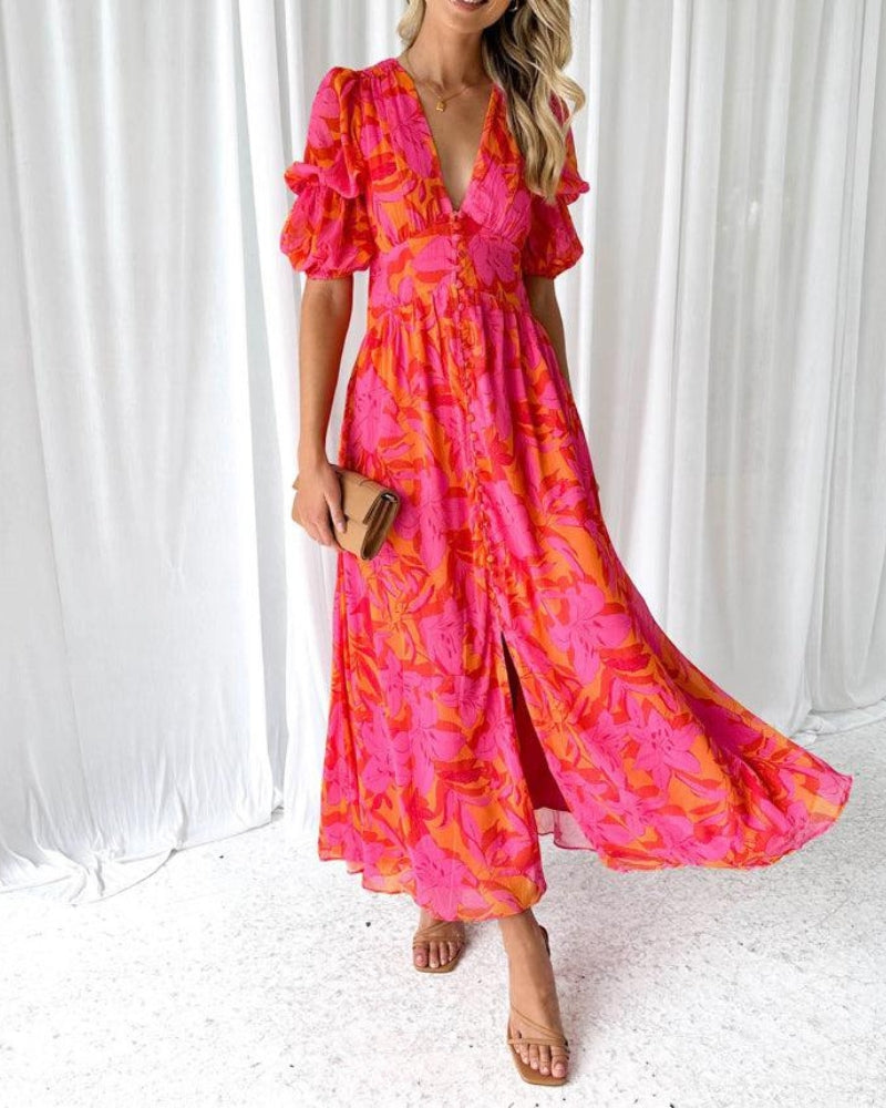 Dames Maxi Jurk met Tropische Print, V-hals en Pofmouwen Roze
