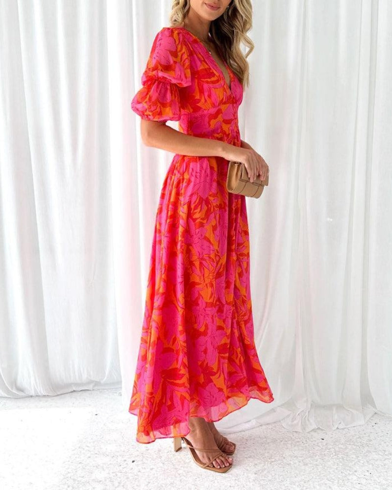 Dames Maxi Jurk met Tropische Print, V-hals en Pofmouwen