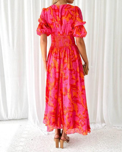 Dames Maxi Jurk met Tropische Print, V-hals en Pofmouwen