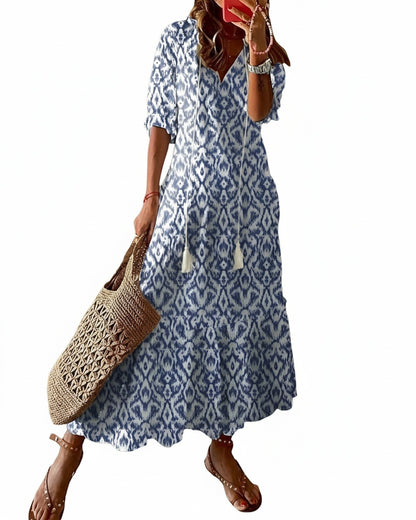 Dames Maxi Jurk met V-hals, 3/4 Mouw en Bohemian Print