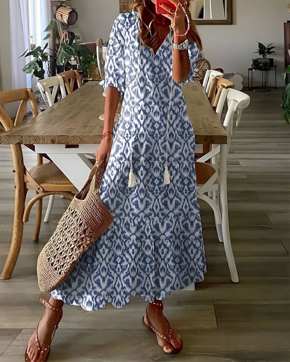 Dames Maxi Jurk met V-hals, 3/4 Mouw en Bohemian Print Blauw