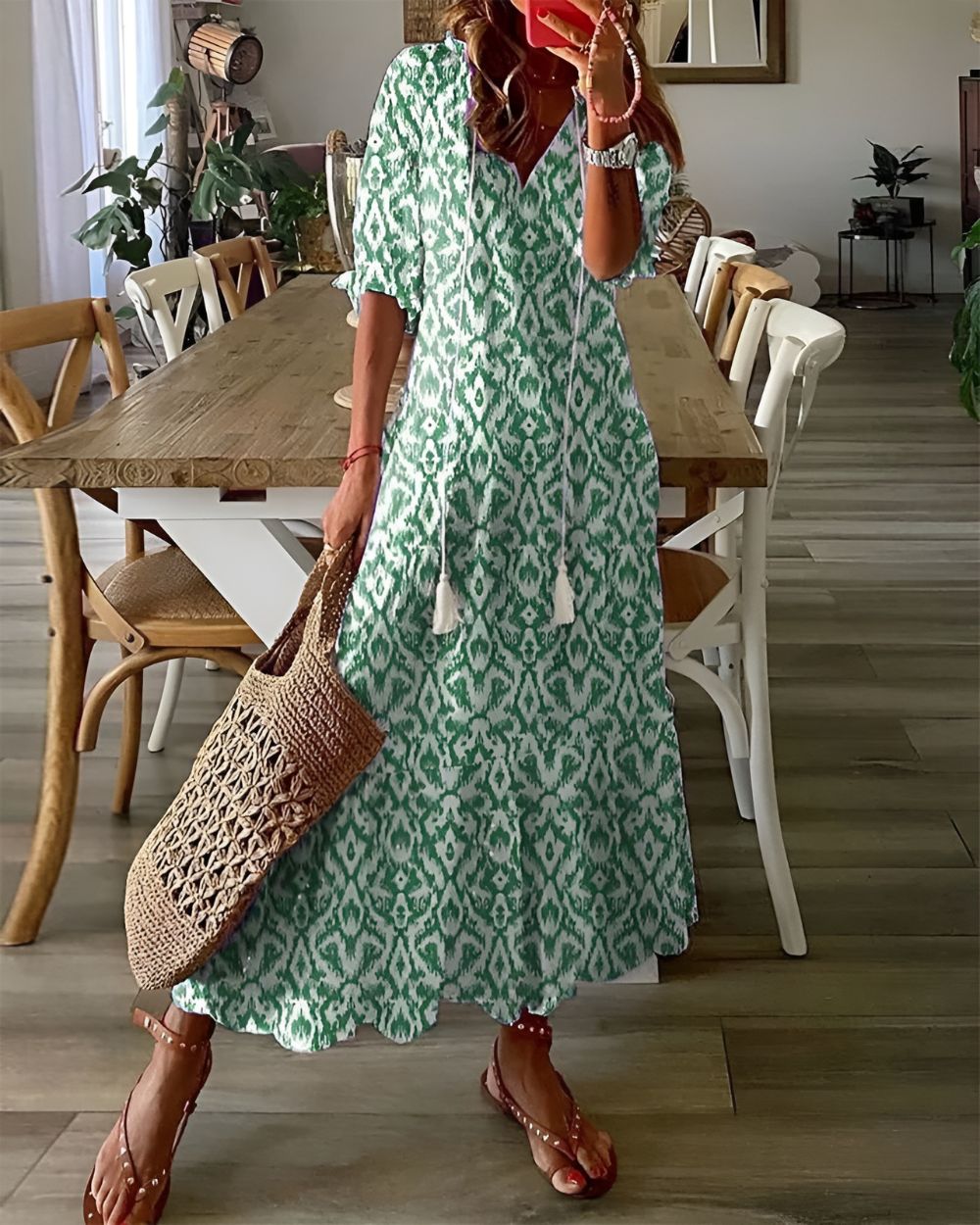 Dames Maxi Jurk met V-hals, 3/4 Mouw en Bohemian Print Groen