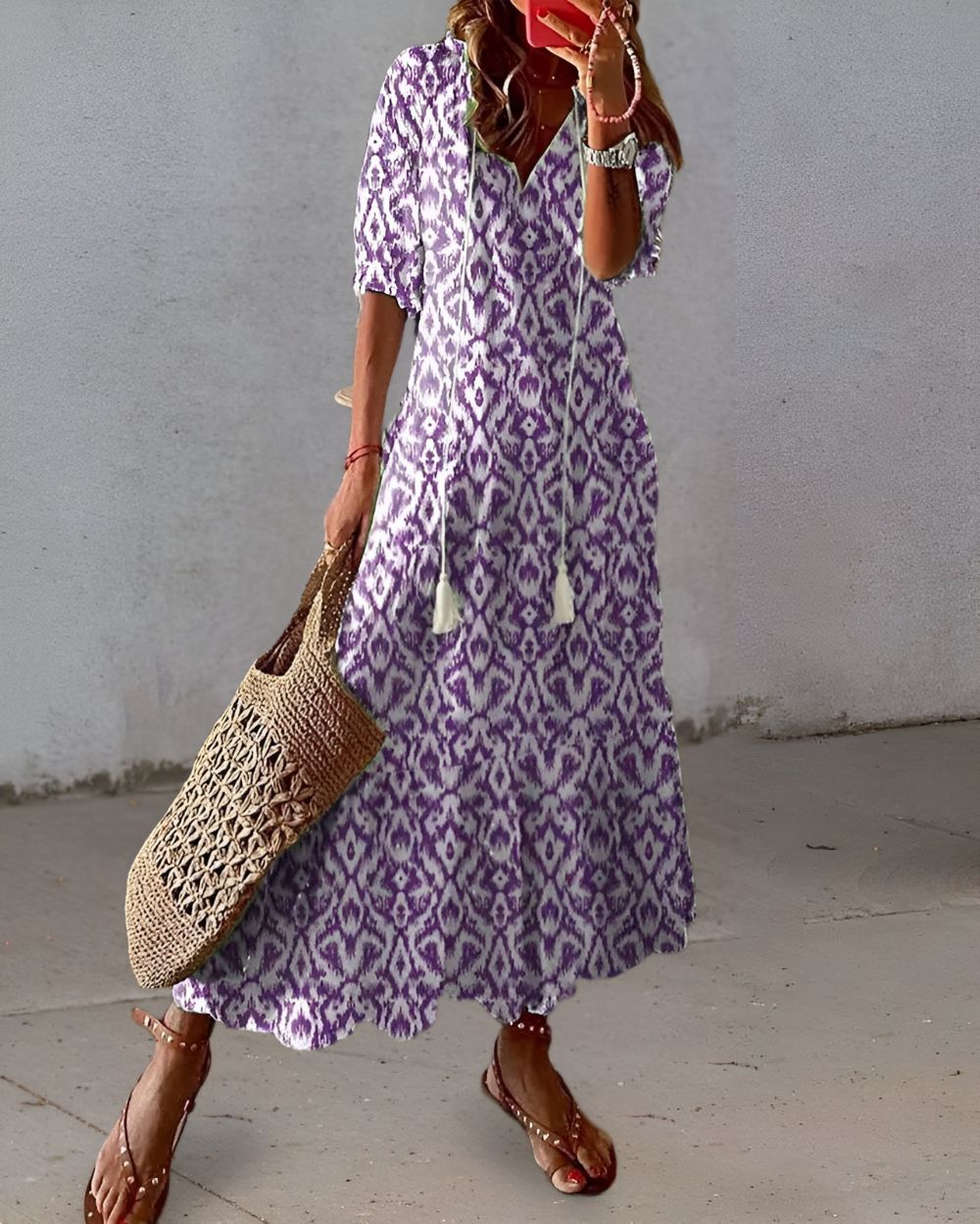 Dames Maxi Jurk met V-hals, 3/4 Mouw en Bohemian Print Paars