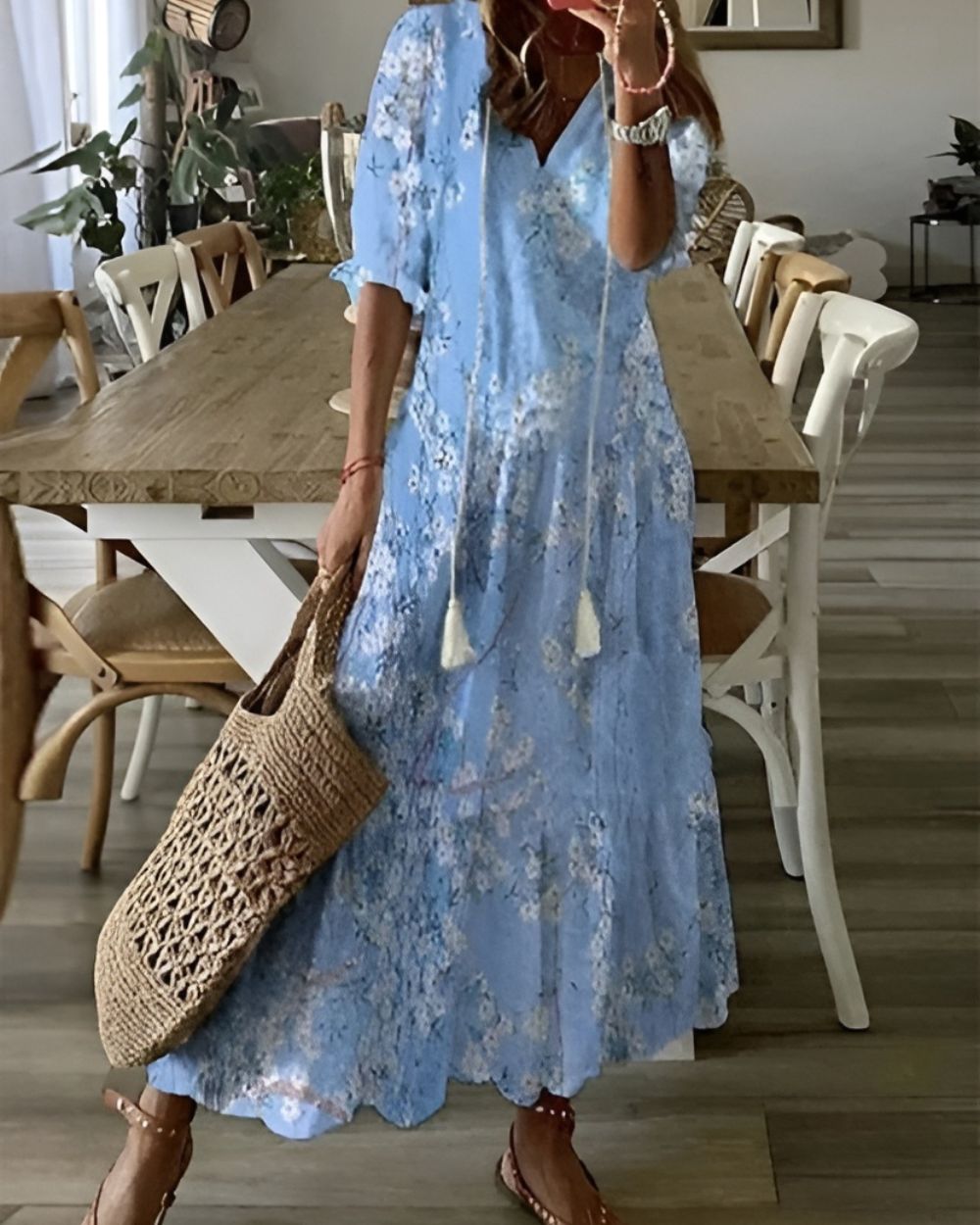Dames Maxi Jurk met V-hals, 3/4 Mouw en Bohemian Print Lichtblauw