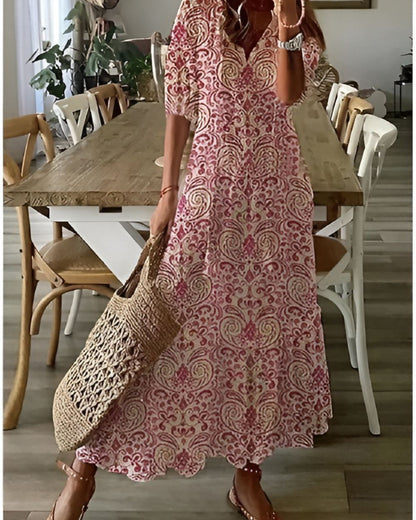 Dames Maxi Jurk met V-hals, 3/4 Mouw en Bohemian Print Rood