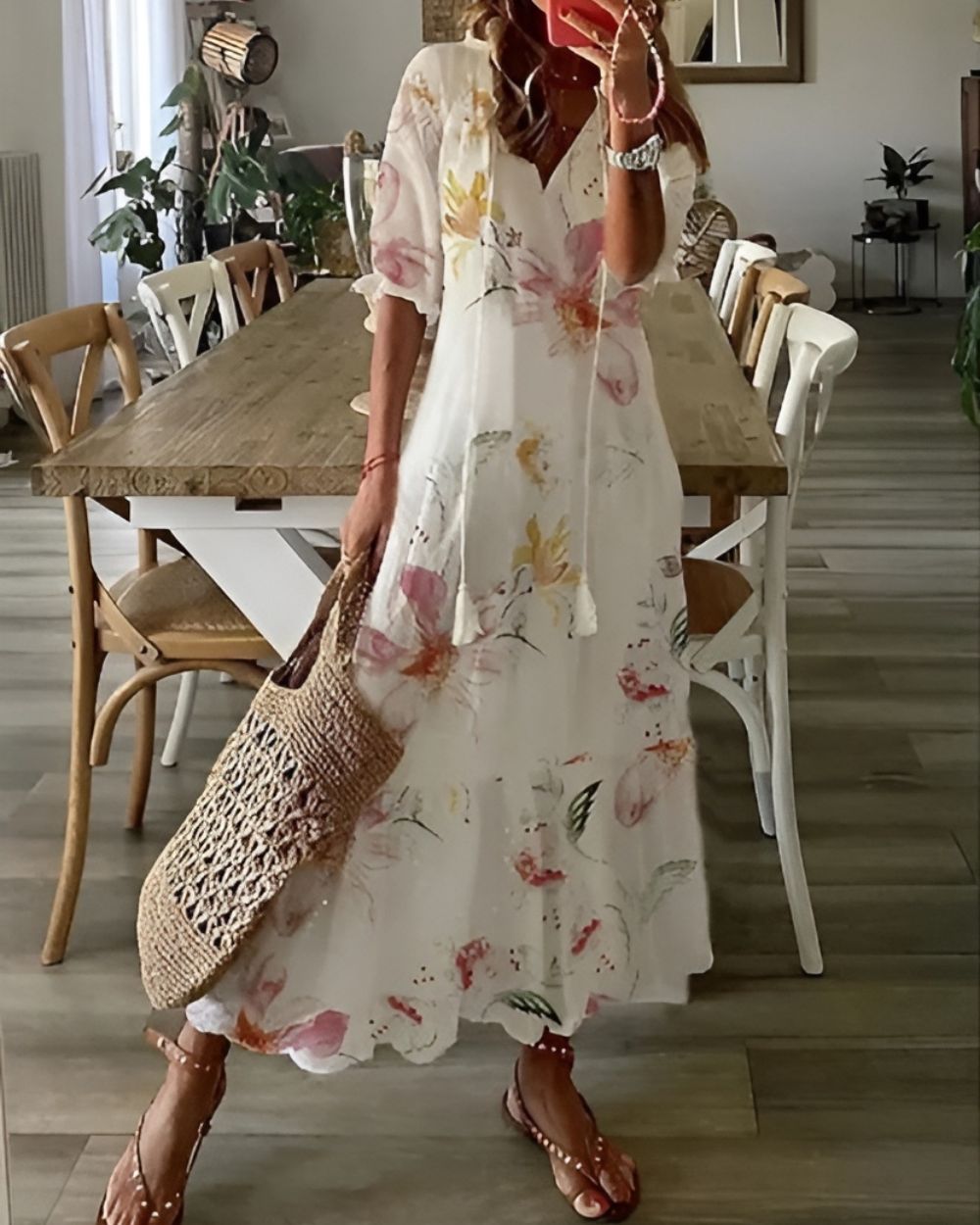 Dames Maxi Jurk met V-hals, 3/4 Mouw en Bohemian Print Wit