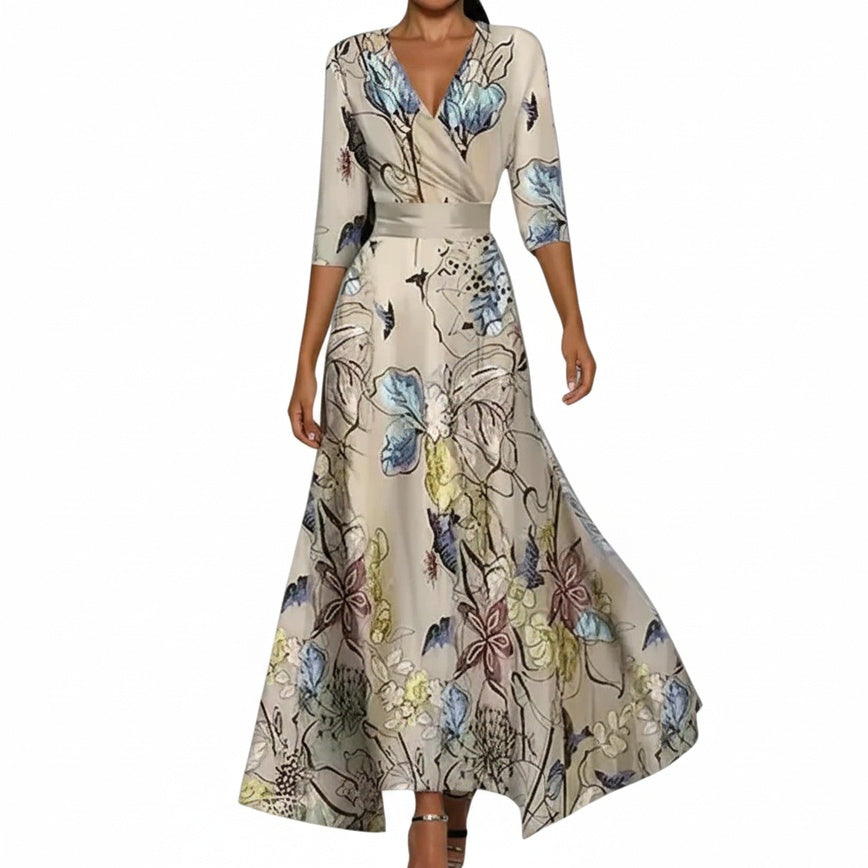 Dames Maxi Jurk met V-hals, Driekwart Mouwen en Bloemenprint