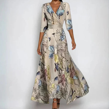 Dames Maxi Jurk met V-hals, Driekwart Mouwen en Bloemenprint