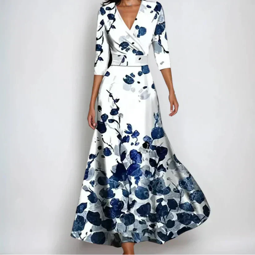 Dames Maxi Jurk met V-hals, Driekwart Mouwen en Bloemenprint