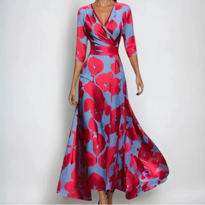 Dames Maxi Jurk met V-hals, Driekwart Mouwen en Bloemenprint