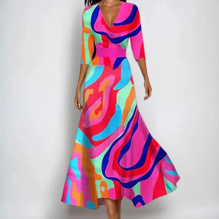 Dames Maxi Jurk met V-hals, Driekwart Mouwen en Bloemenprint