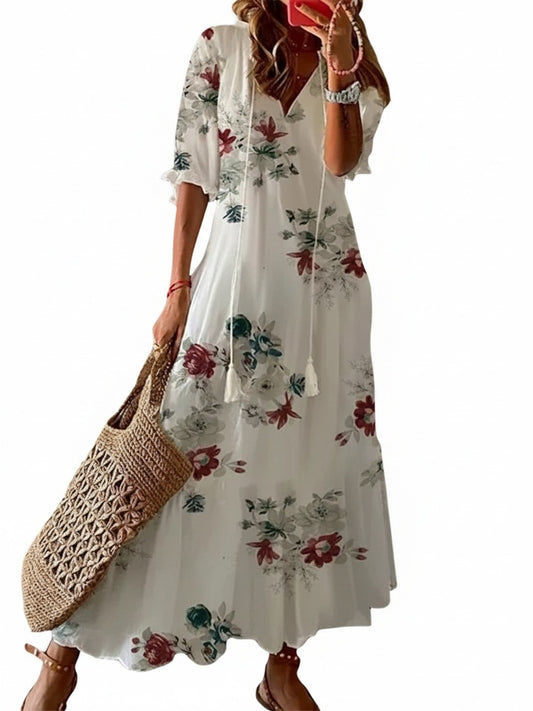 Dames Maxi Jurk met V-hals en Bloemenprint Korte Mouw
