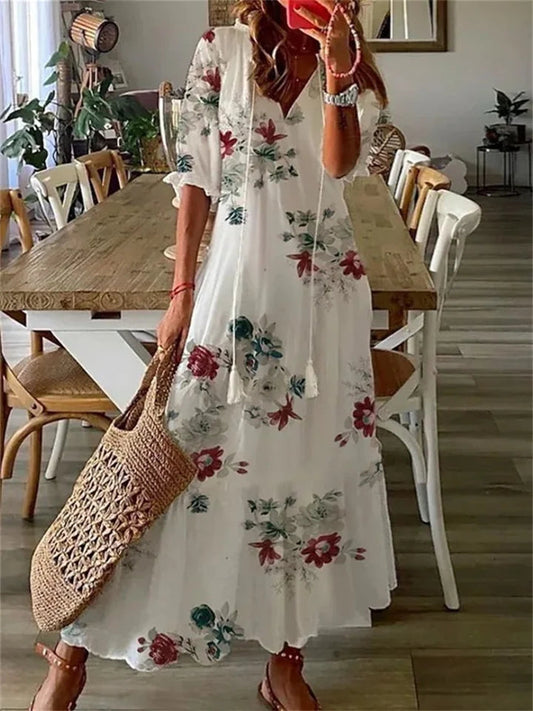 Dames Maxi Jurk met V-hals en Bloemenprint Korte Mouw Wit