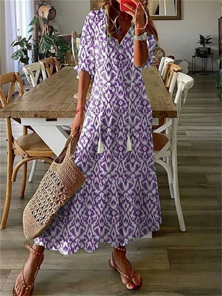 Dames Maxi Jurk met V-hals en Bloemenprint Korte Mouw Paars