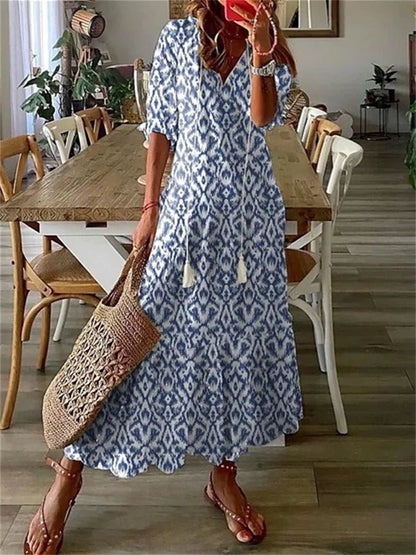 Dames Maxi Jurk met V-hals en Bloemenprint Korte Mouw Blauw