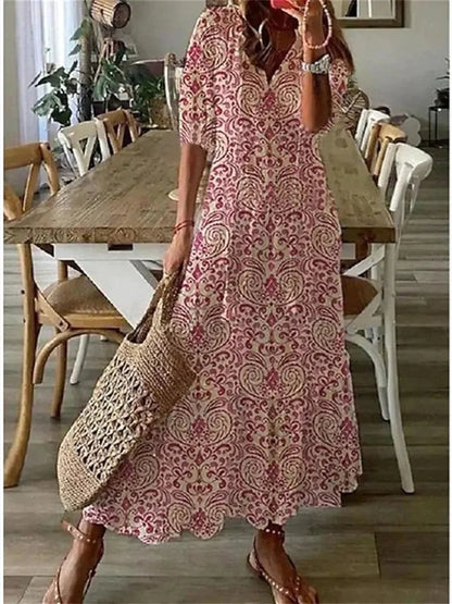 Dames Maxi Jurk met V-hals en Bloemenprint Korte Mouw Rood