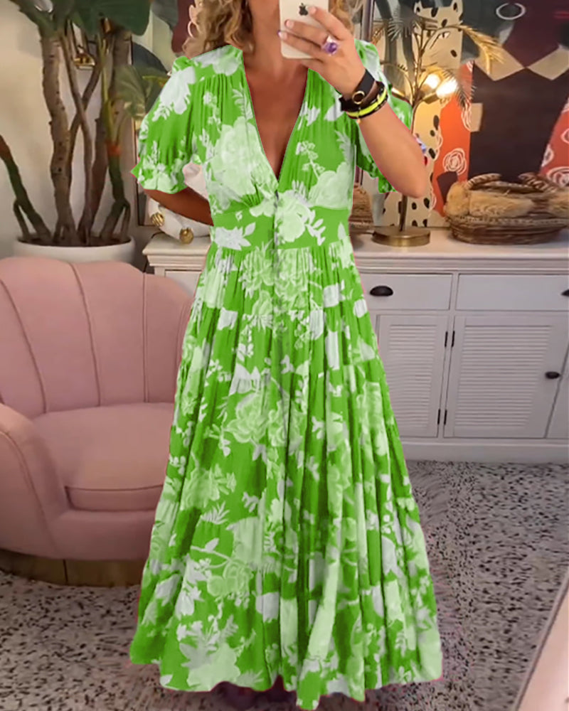 Dames Maxi Jurk met V-hals en Bloemenprint Korte Pofmouwen en Zakken Groen