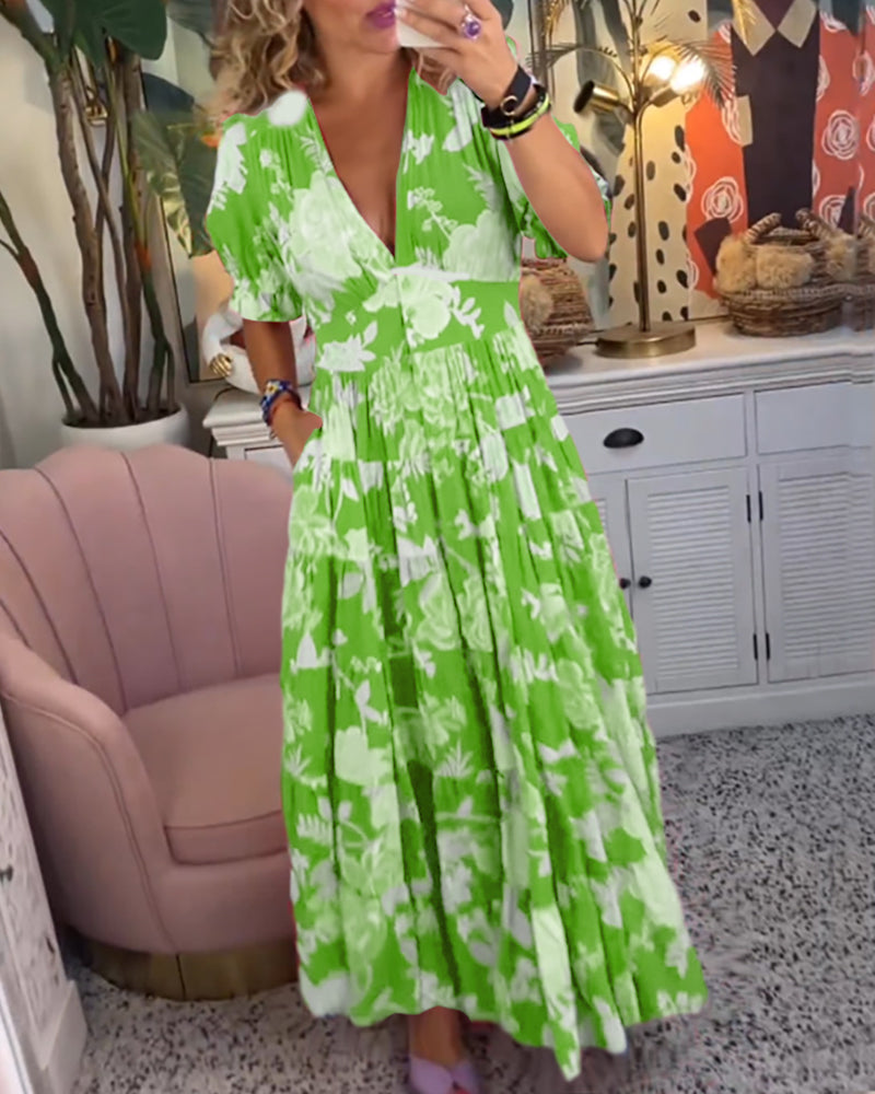 Dames Maxi Jurk met V-hals en Bloemenprint Korte Pofmouwen en Zakken