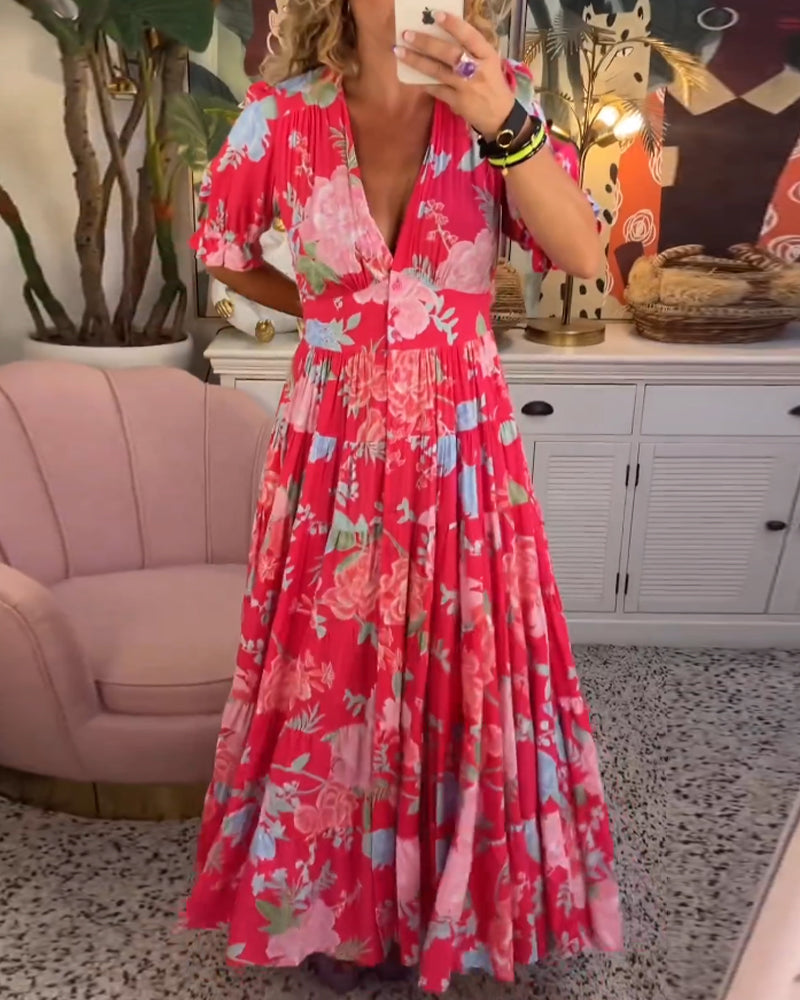 Dames Maxi Jurk met V-hals en Bloemenprint Korte Pofmouwen en Zakken Rood