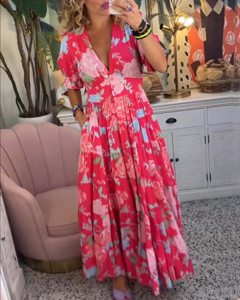 Dames Maxi Jurk met V-hals en Bloemenprint Korte Pofmouwen en Zakken