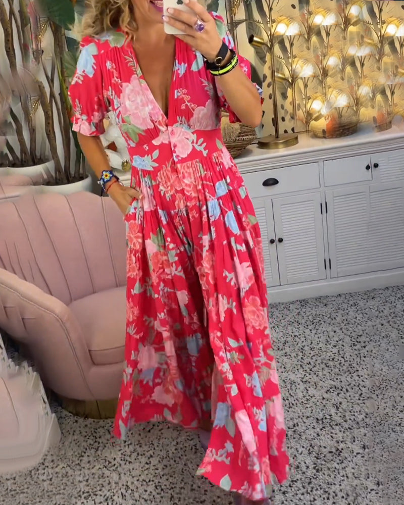 Dames Maxi Jurk met V-hals en Bloemenprint Korte Pofmouwen en Zakken