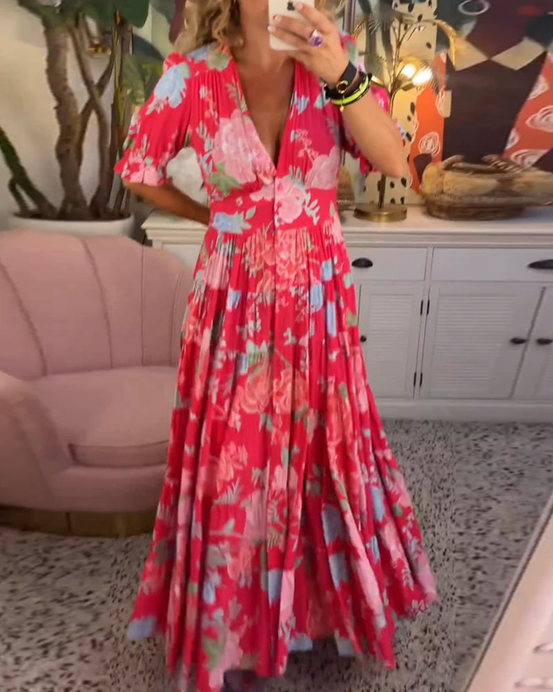 Dames Maxi Jurk met V-hals en Bloemenprint Korte Pofmouwen en Zakken