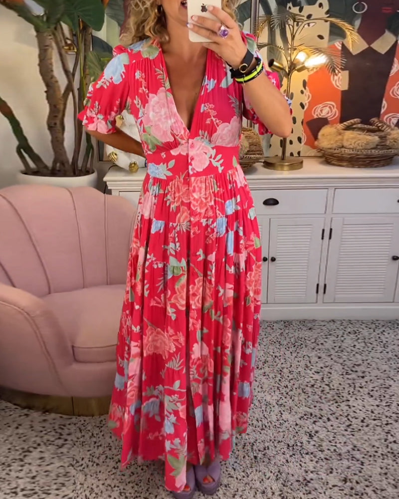 Dames Maxi Jurk met V-hals en Bloemenprint Korte Pofmouwen en Zakken