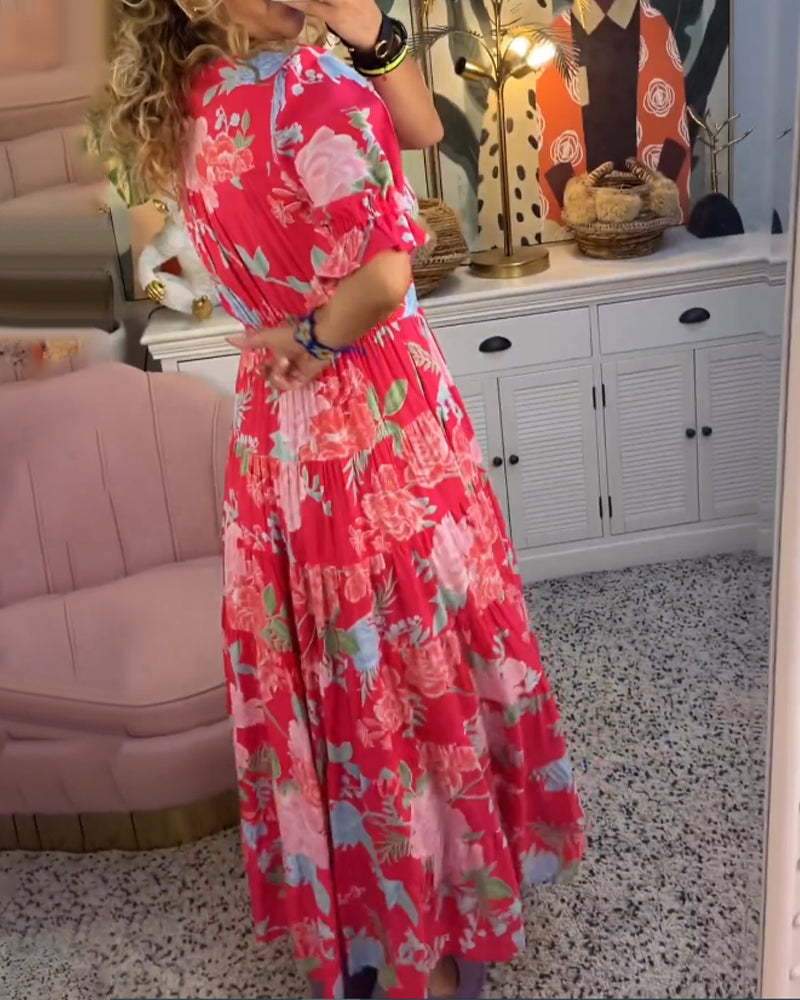 Dames Maxi Jurk met V-hals en Bloemenprint Korte Pofmouwen en Zakken