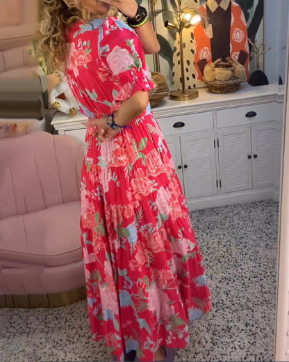 Dames Maxi Jurk met V-hals en Bloemenprint Korte Pofmouwen en Zakken