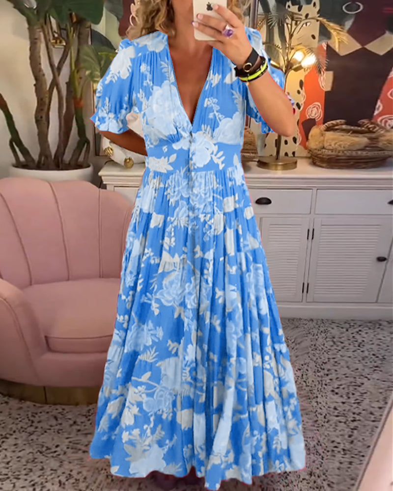 Dames Maxi Jurk met V-hals en Bloemenprint Korte Pofmouwen en Zakken Blauw