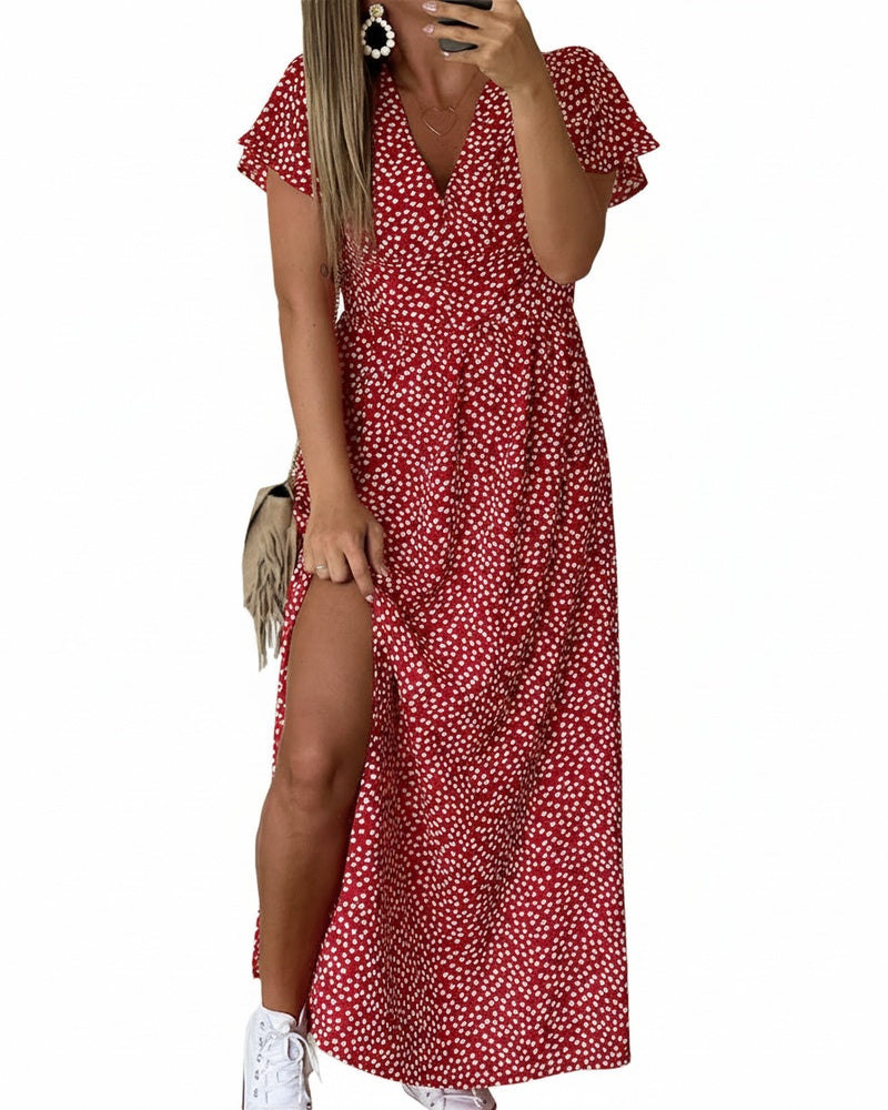 Dames Maxi Jurk met V-hals en Bloemenprint met Volantmouwen en Zijsplit
