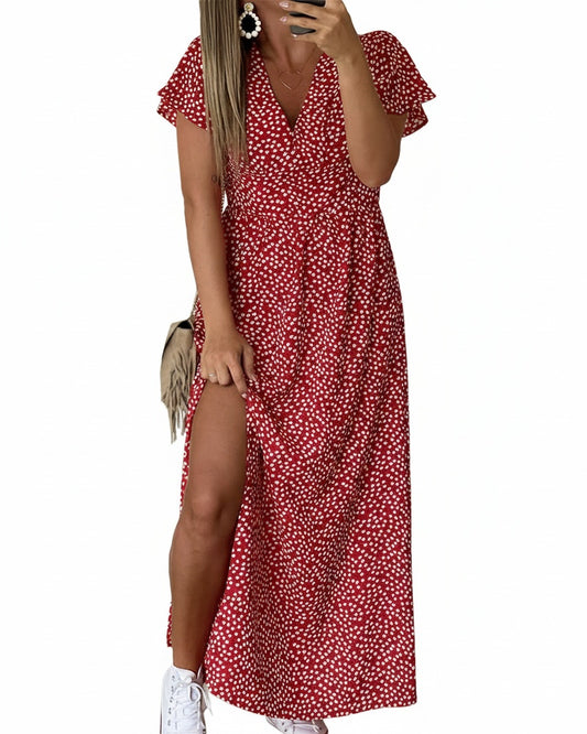 Dames Maxi Jurk met V-hals en Bloemenprint met Volantmouwen en Zijsplit