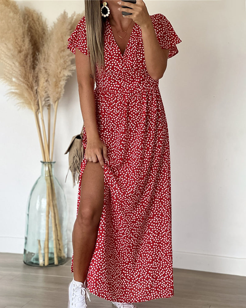 Dames Maxi Jurk met V-hals en Bloemenprint met Volantmouwen en Zijsplit Rood