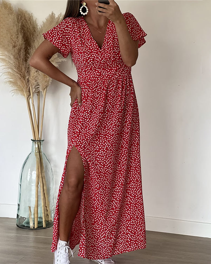 Dames Maxi Jurk met V-hals en Bloemenprint met Volantmouwen en Zijsplit