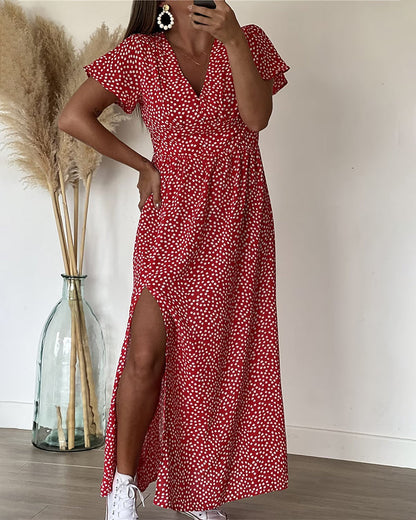 Dames Maxi Jurk met V-hals en Bloemenprint met Volantmouwen en Zijsplit