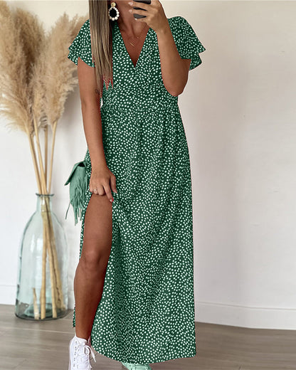Dames Maxi Jurk met V-hals en Bloemenprint met Volantmouwen en Zijsplit