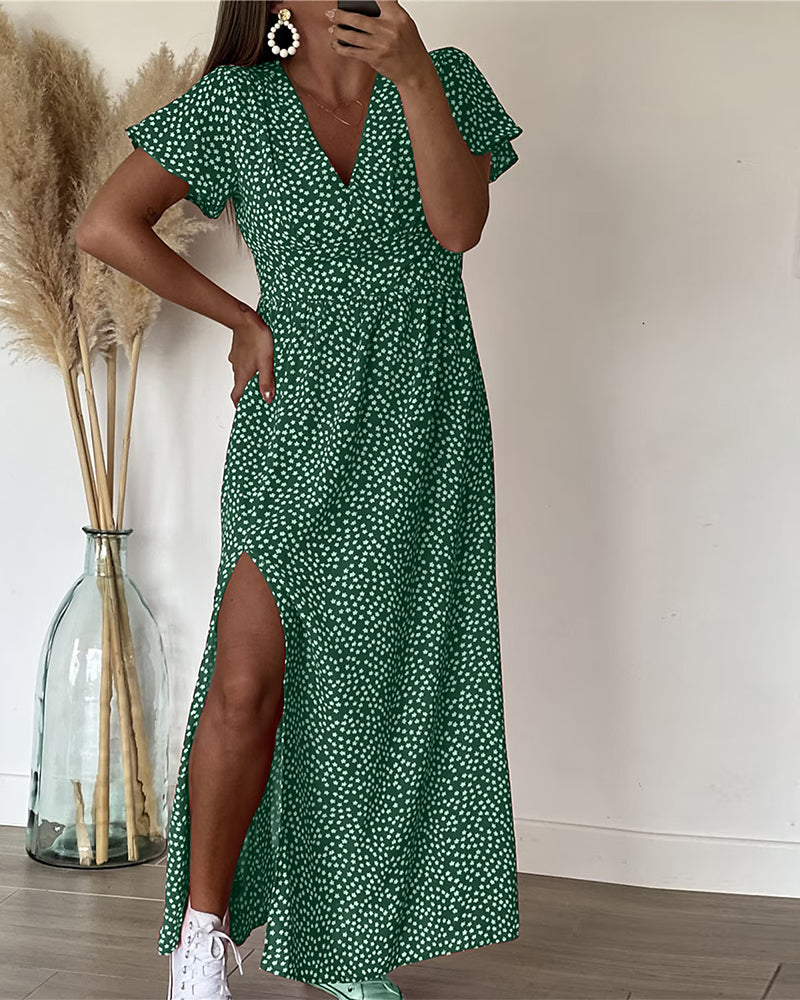 Dames Maxi Jurk met V-hals en Bloemenprint met Volantmouwen en Zijsplit Groen