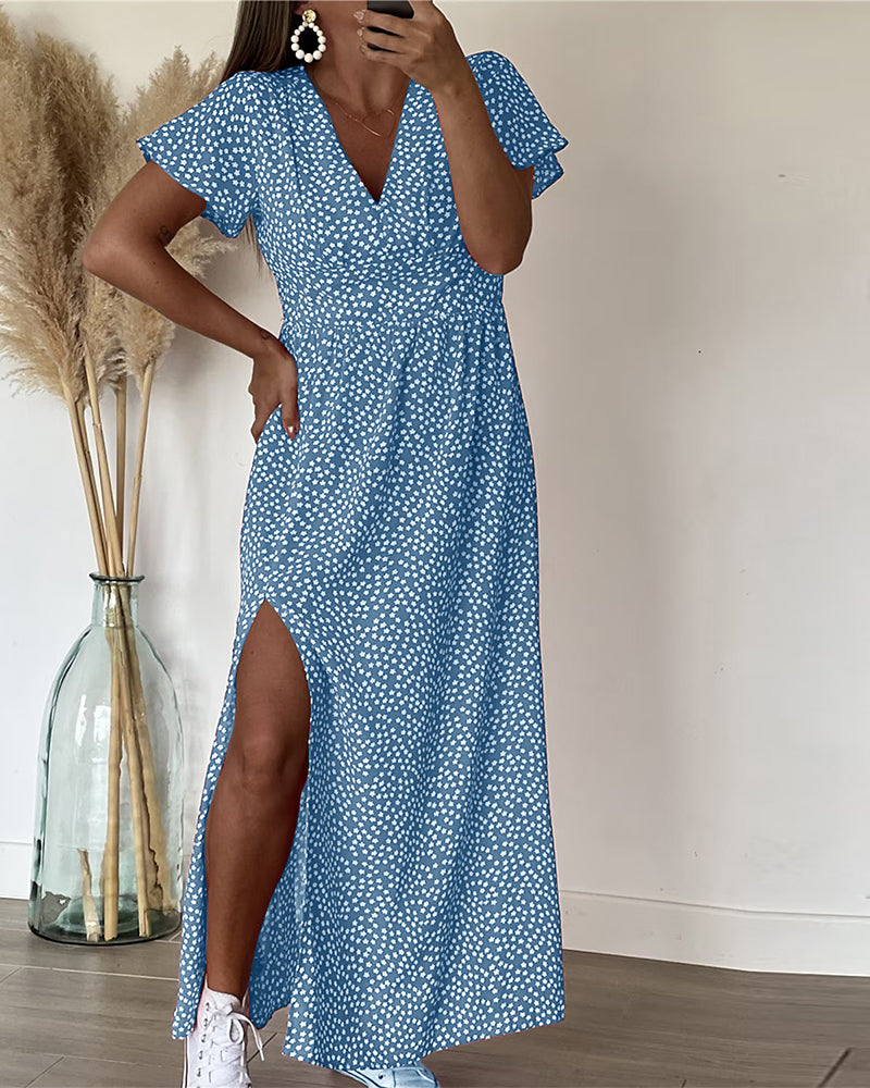Dames Maxi Jurk met V-hals en Bloemenprint met Volantmouwen en Zijsplit