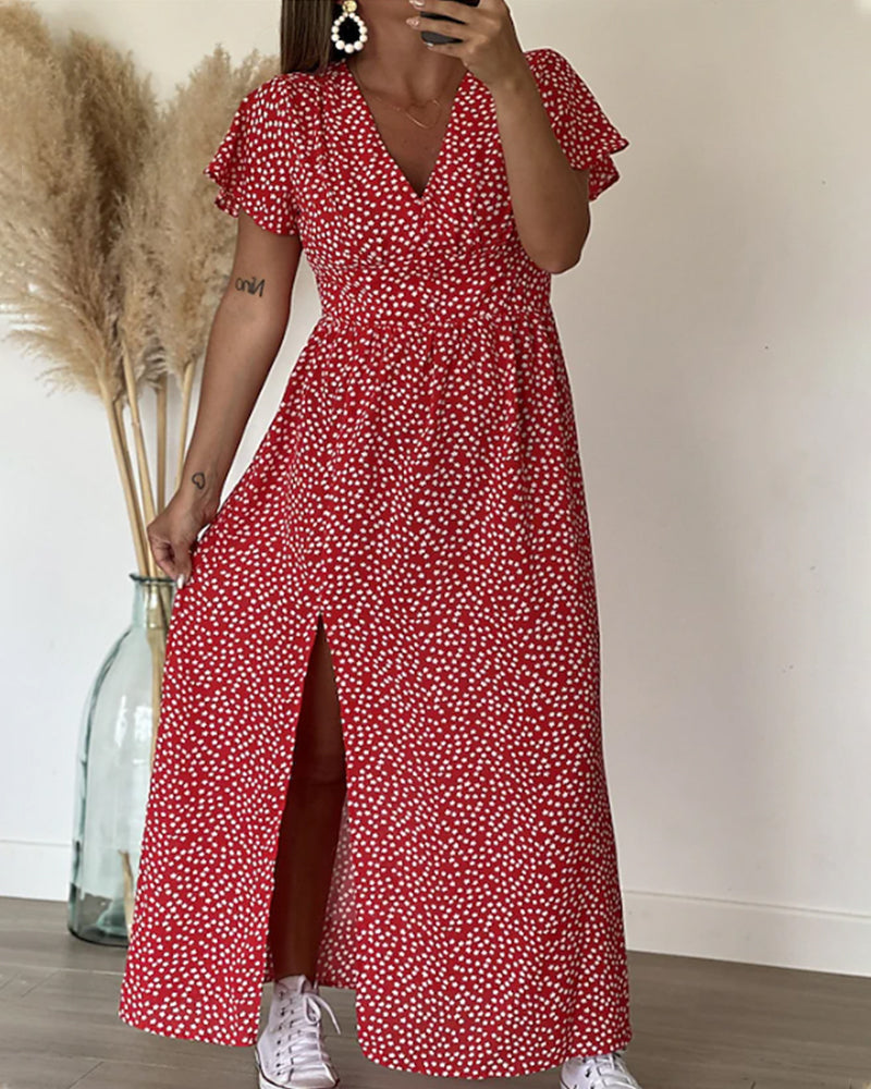 Dames Maxi Jurk met V-hals en Bloemenprint met Volantmouwen en Zijsplit