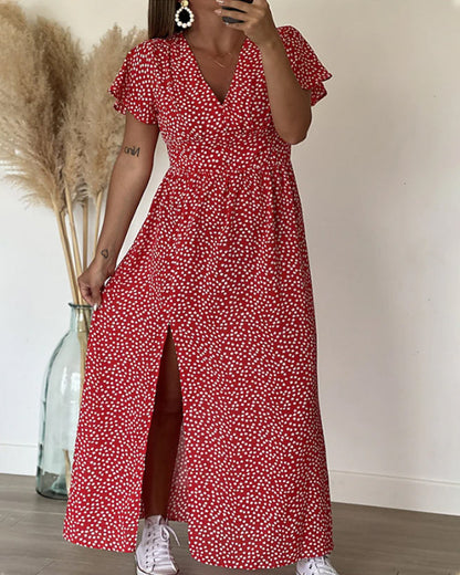 Dames Maxi Jurk met V-hals en Bloemenprint met Volantmouwen en Zijsplit