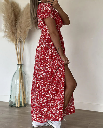 Dames Maxi Jurk met V-hals en Bloemenprint met Volantmouwen en Zijsplit