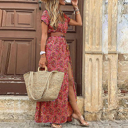 Dames Maxi Jurk met V-hals en Boho Print Korte Mouw en Zijsplit Roze