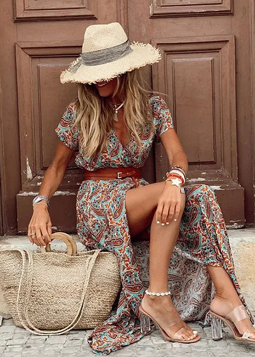Dames Maxi Jurk met V-hals en Boho Print Korte Mouw en Zijsplit